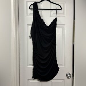 Torrid Black One-Shoulder Dress with Floral Detail and Side Ruching